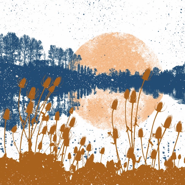 Landscape painting lake sunset