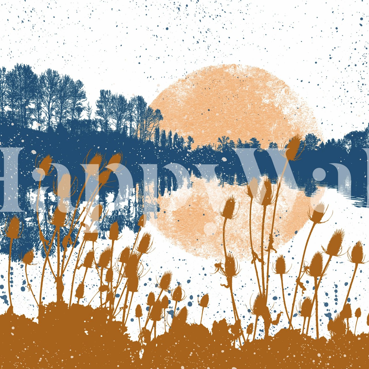 Serene lake at sunset wall mural with reeds in the foreground and warm colors