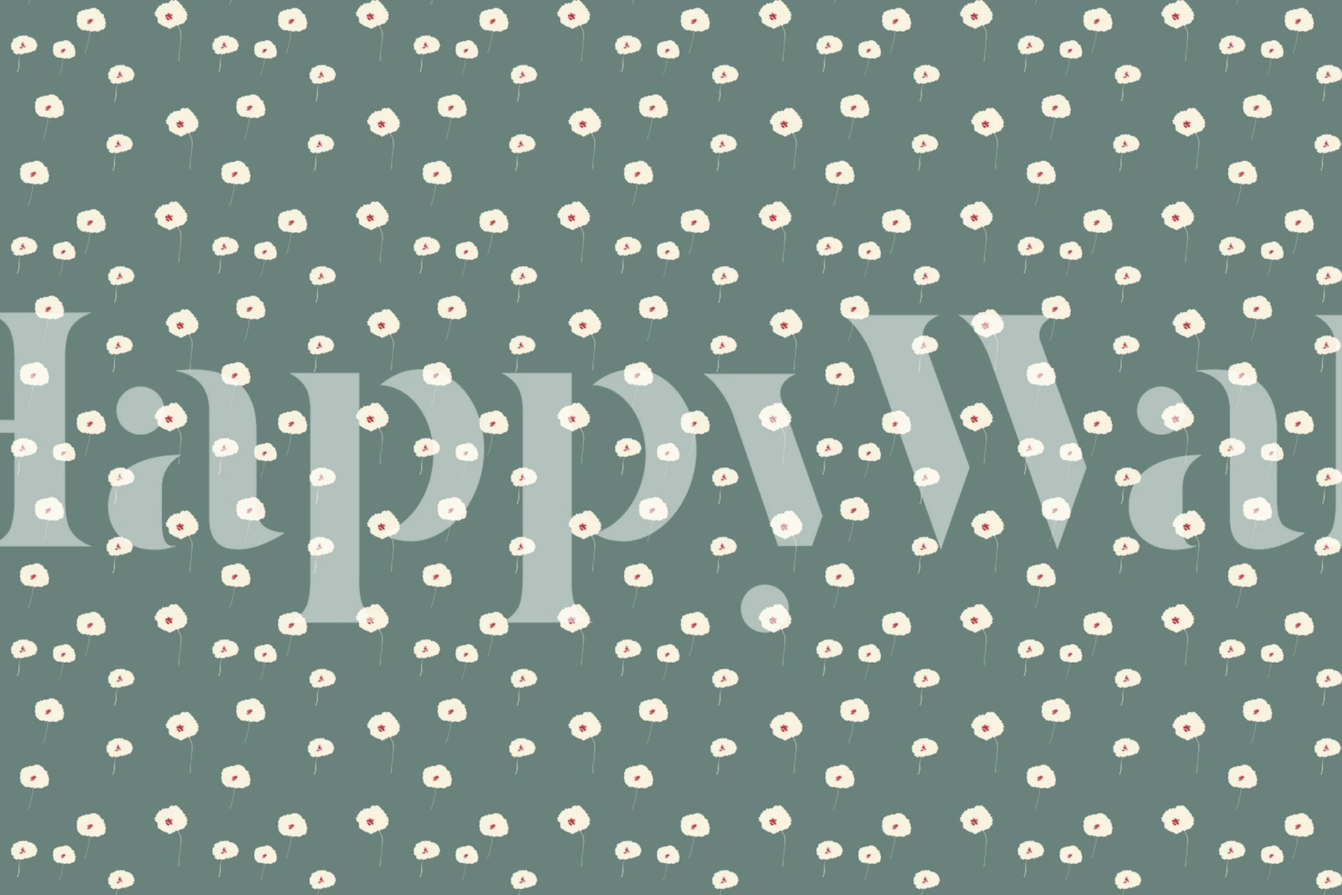 Tranquil green wall mural with white flower pattern