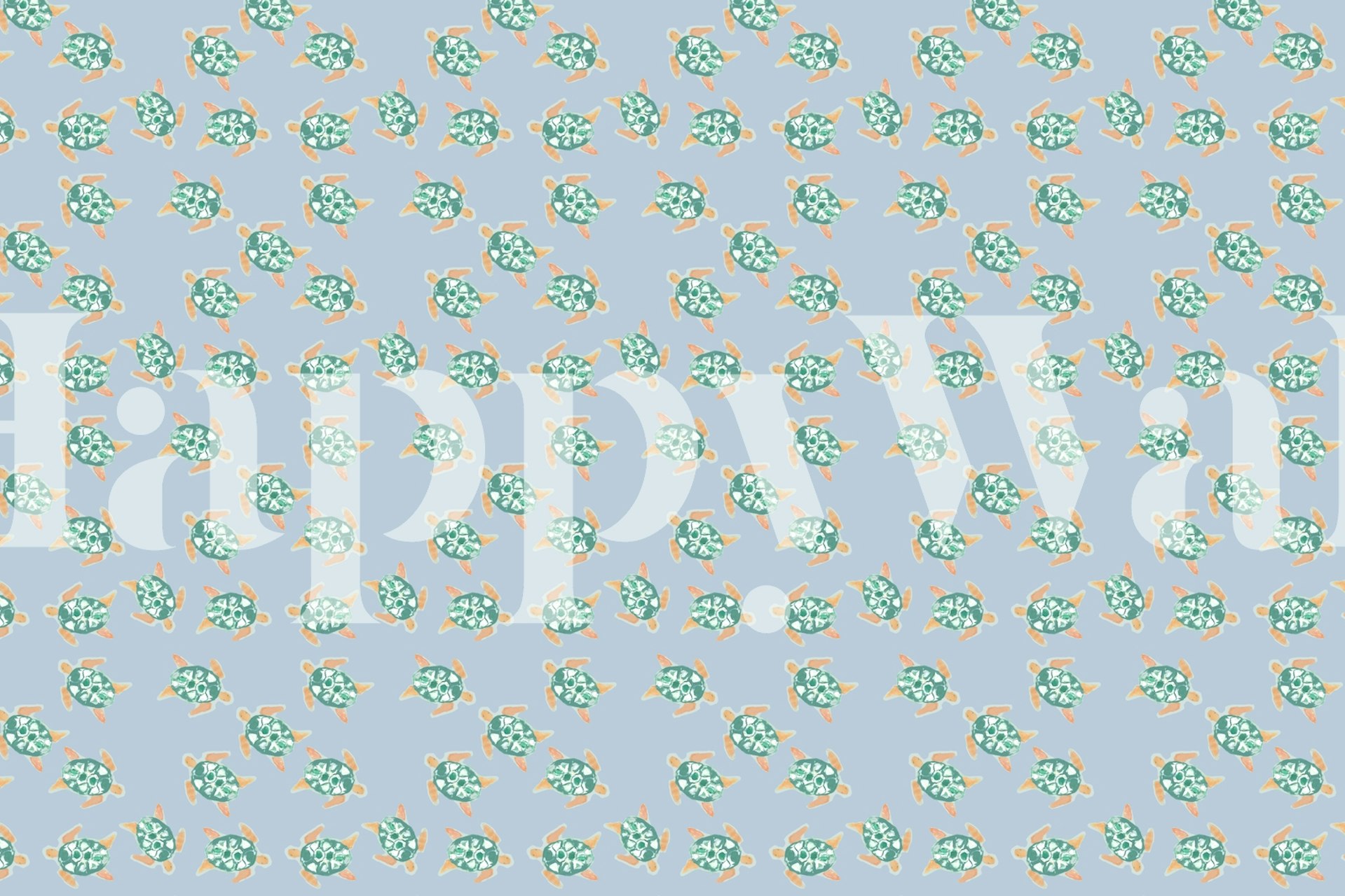 Dekorativt vægmaleri med et mønster af skildpadder, der svømmer i et blåt hav