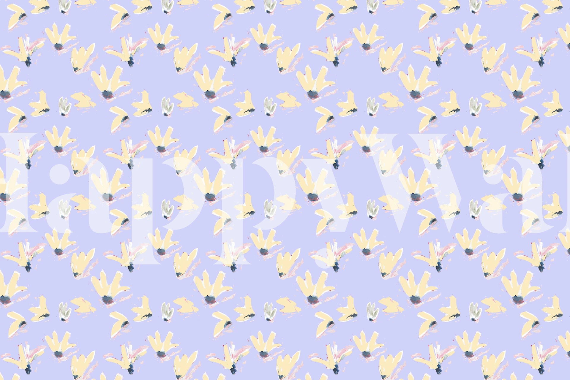 Lavender floral wall mural with blooming yellow and white flowers pattern