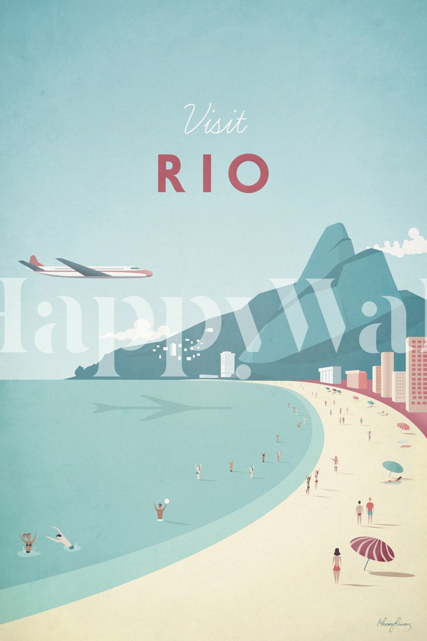 Vintage beach scene with ocean, mountains, and sunbathers in soft pastel colors wallpaper