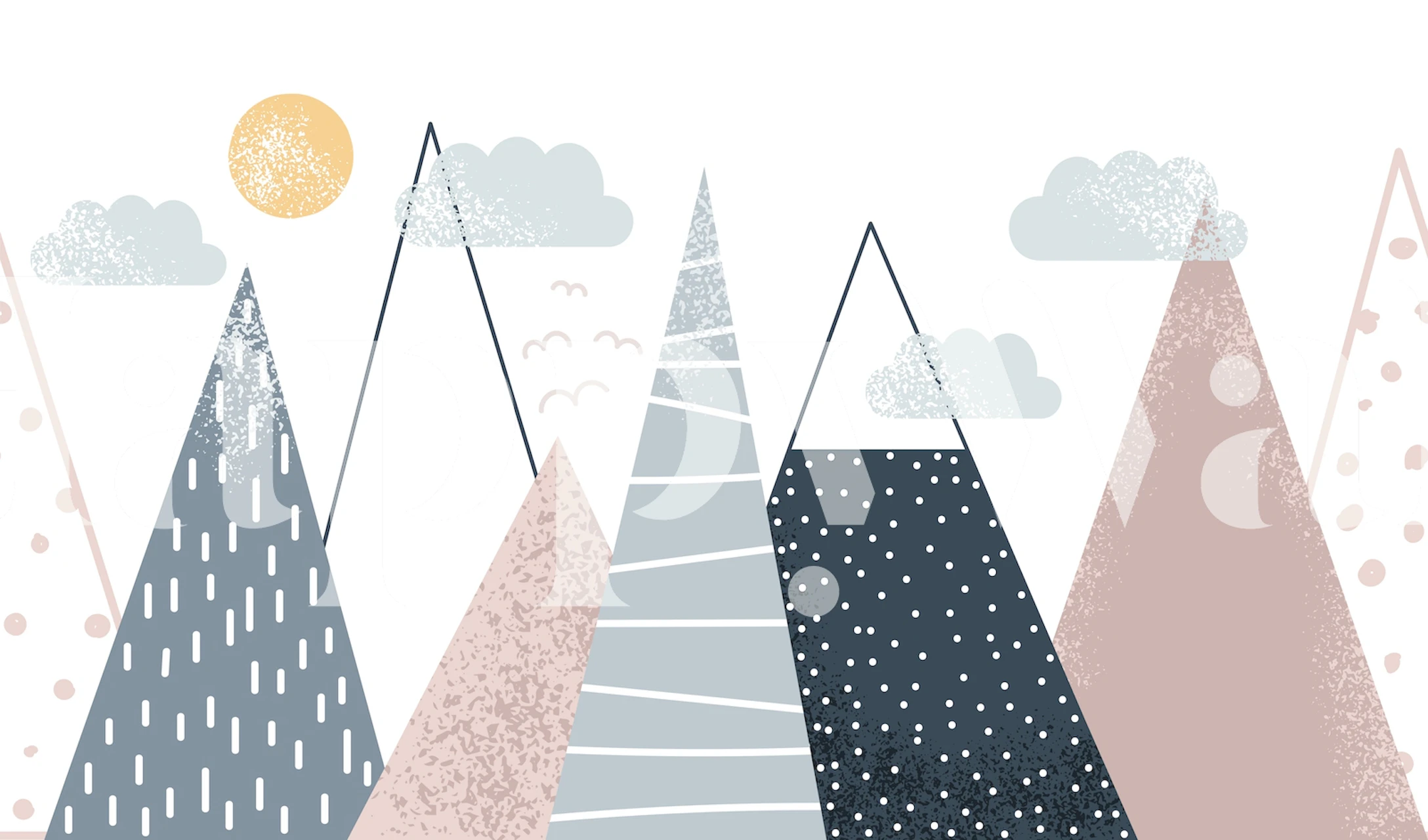 Cute mountain design in soft colors with clouds and sun wallpaper