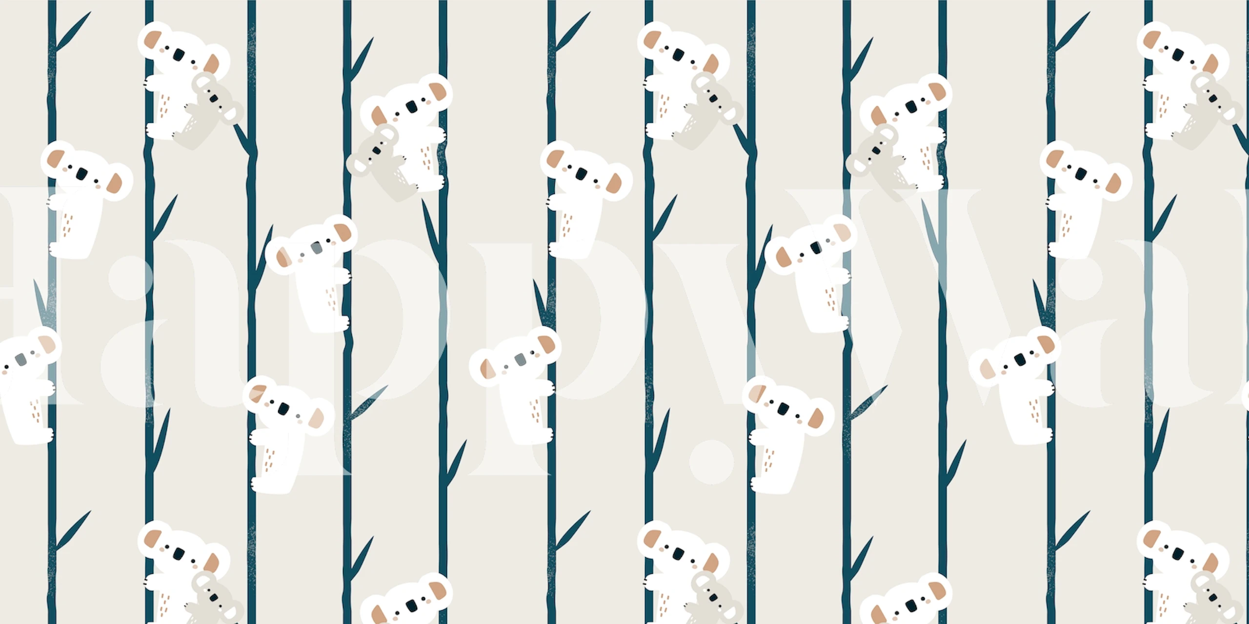 Cute koalas climbing on bamboo branches in gray and white wallpaper