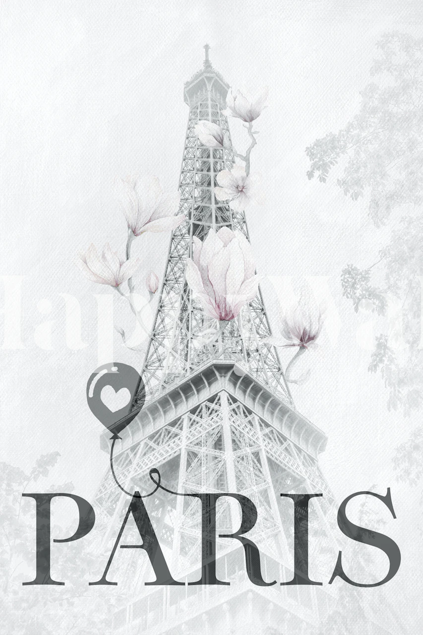 Eiffel Tower with magnolia flowers in soft tones wallpaper