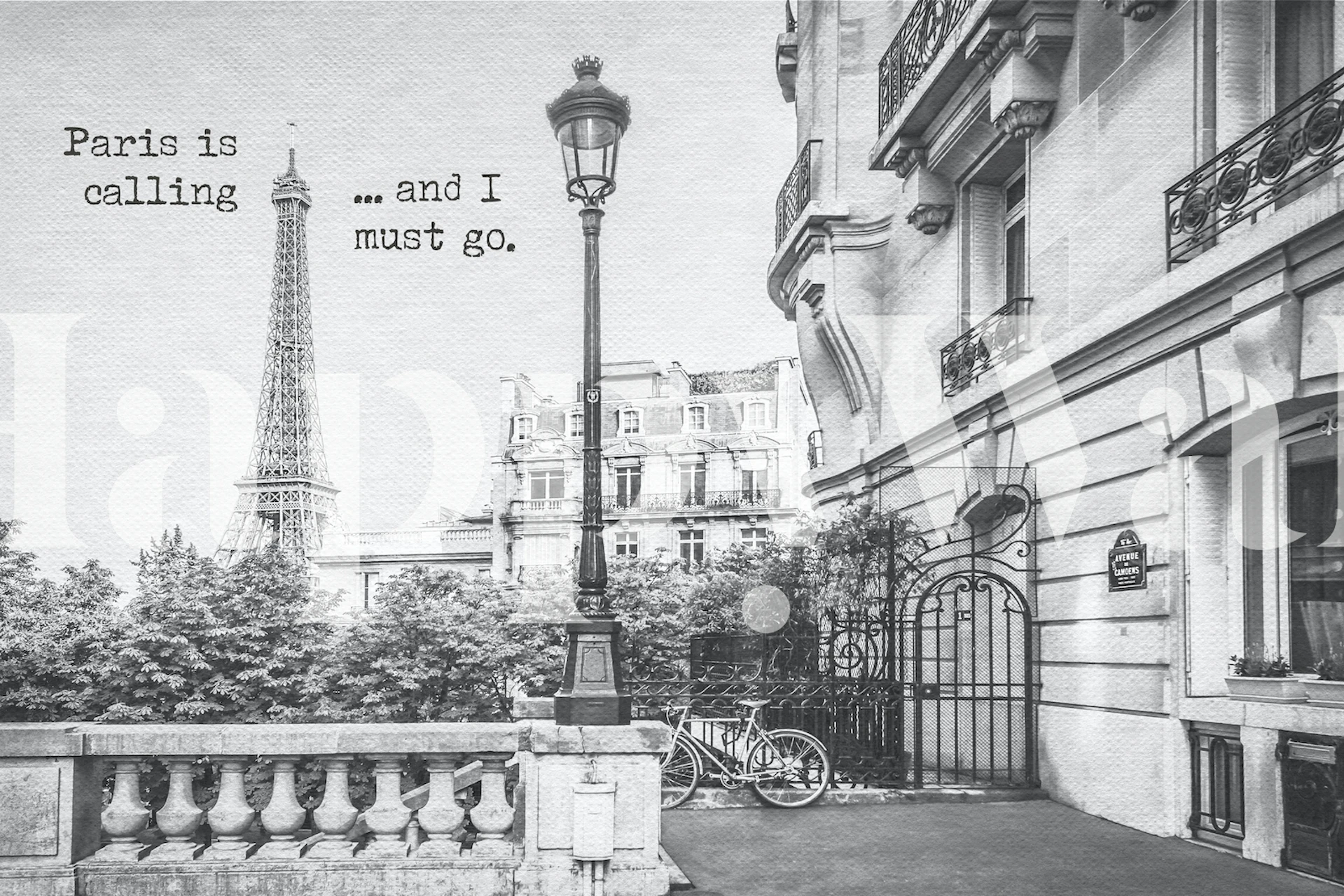 Paris scene with Eiffel Tower and vintage buildings in black and white wallpaper