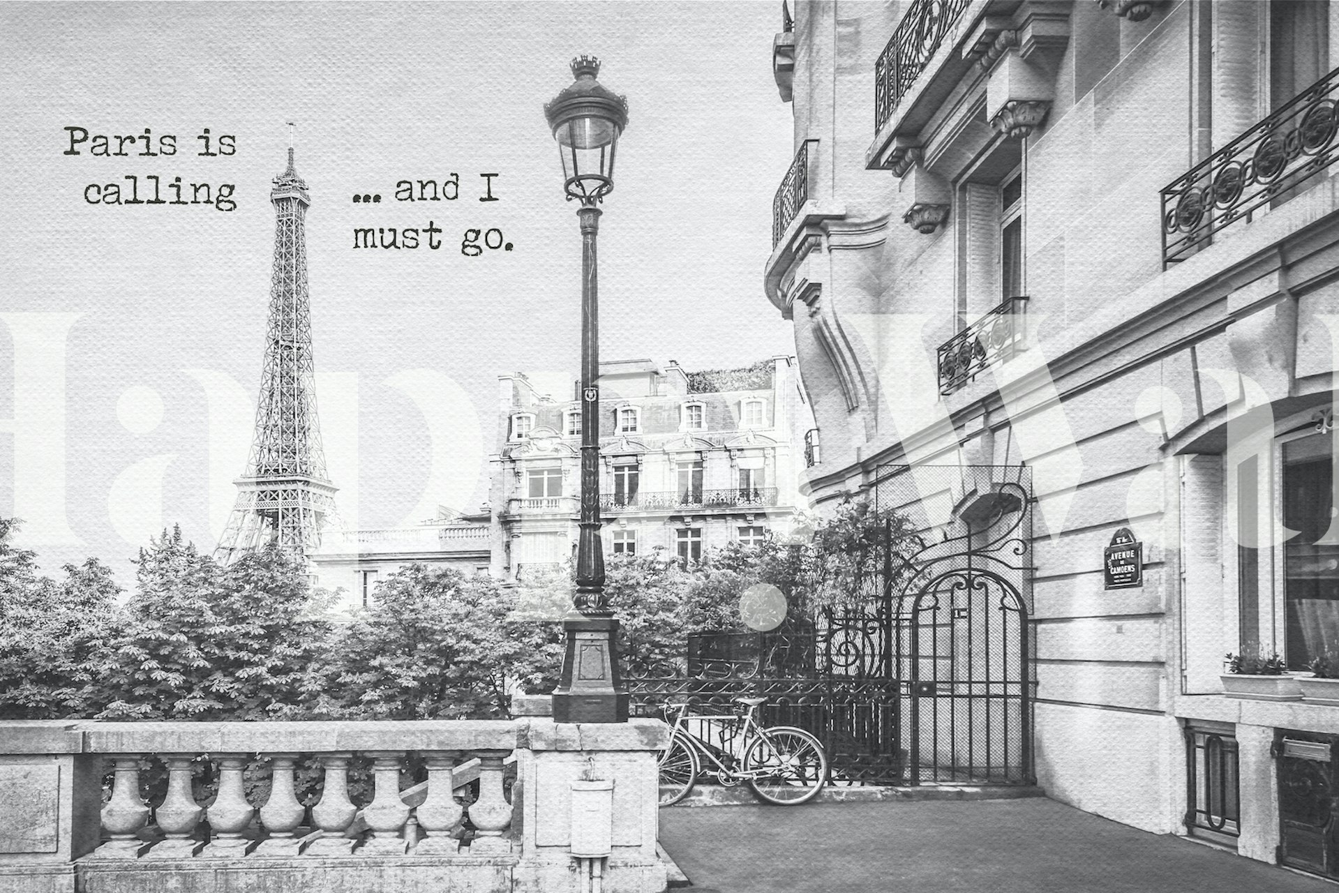 Paris scene with Eiffel Tower and vintage buildings in black and white wallpaper
