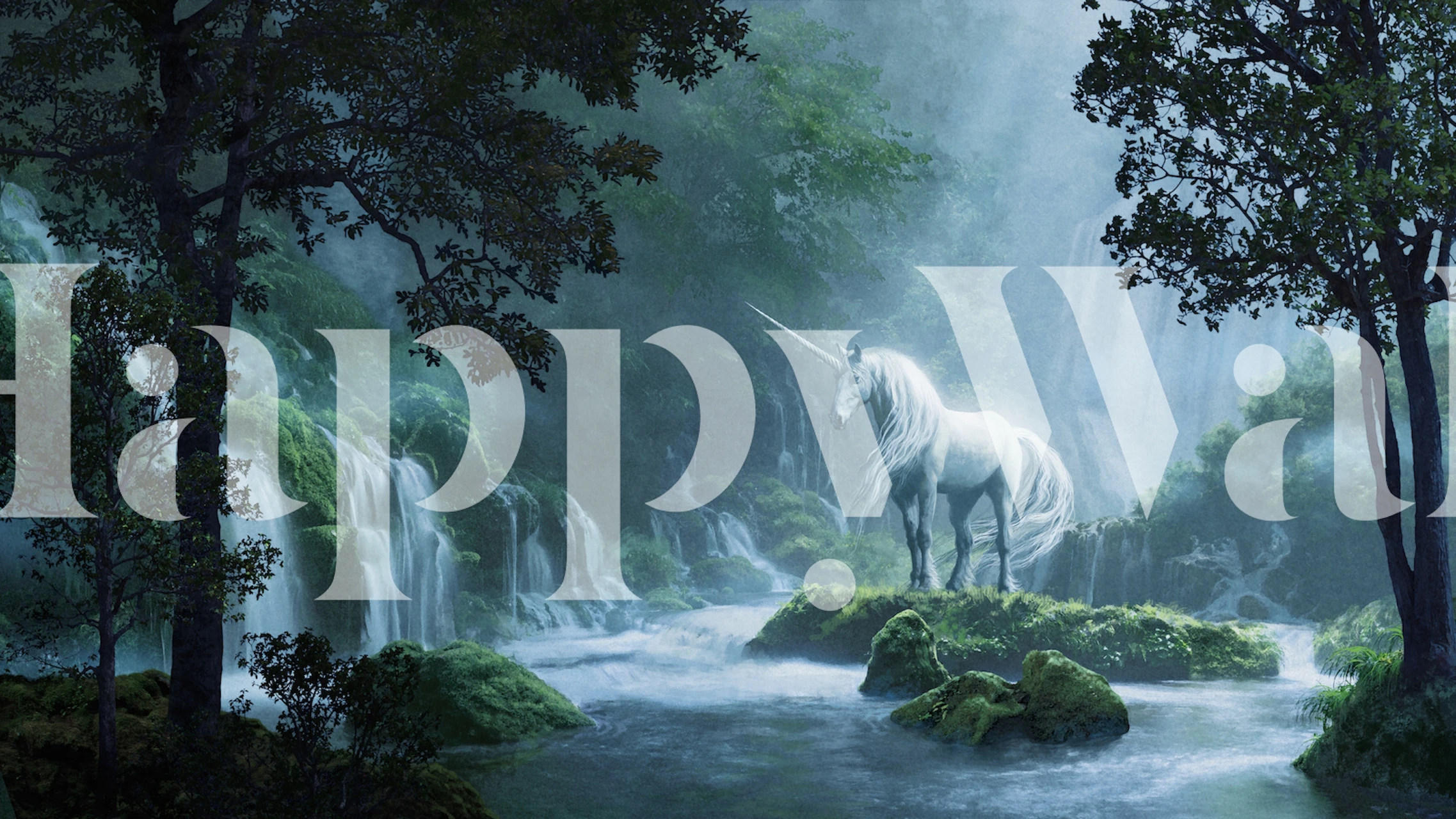 Magic unicorn wallpaper in a serene forest setting