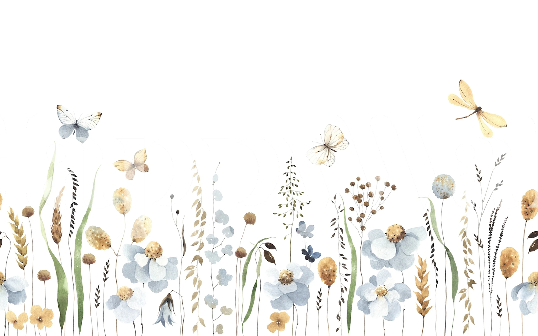 Delicate blue flowers with butterflies and grasses wallpaper