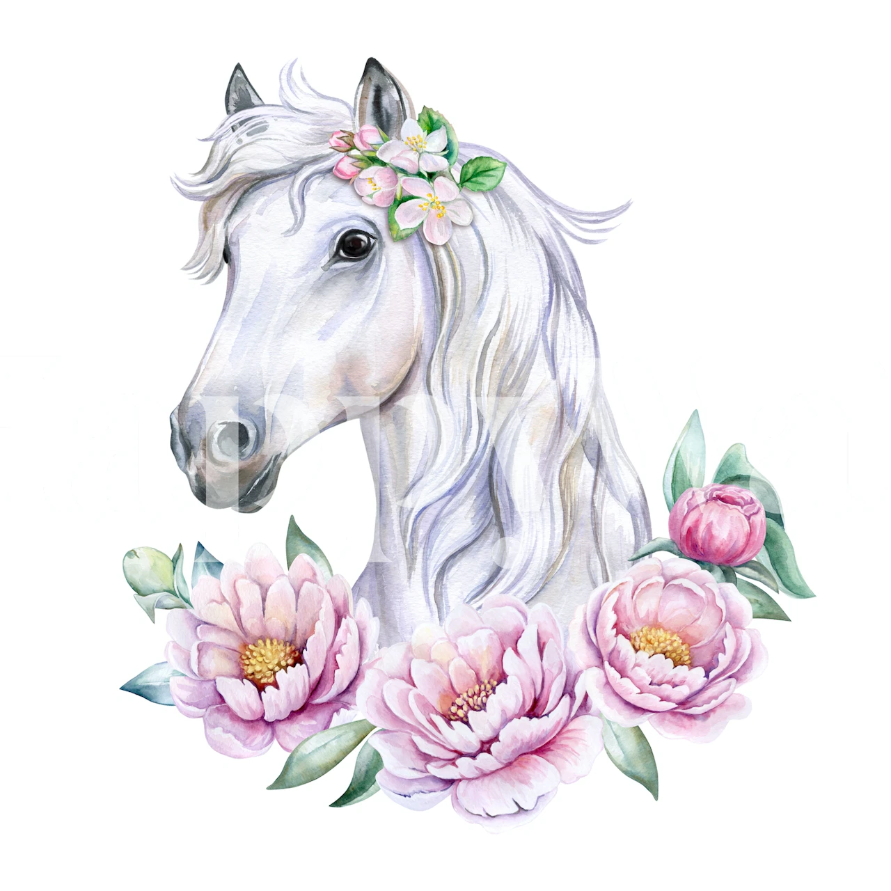 White horse with flowers behangontwerp