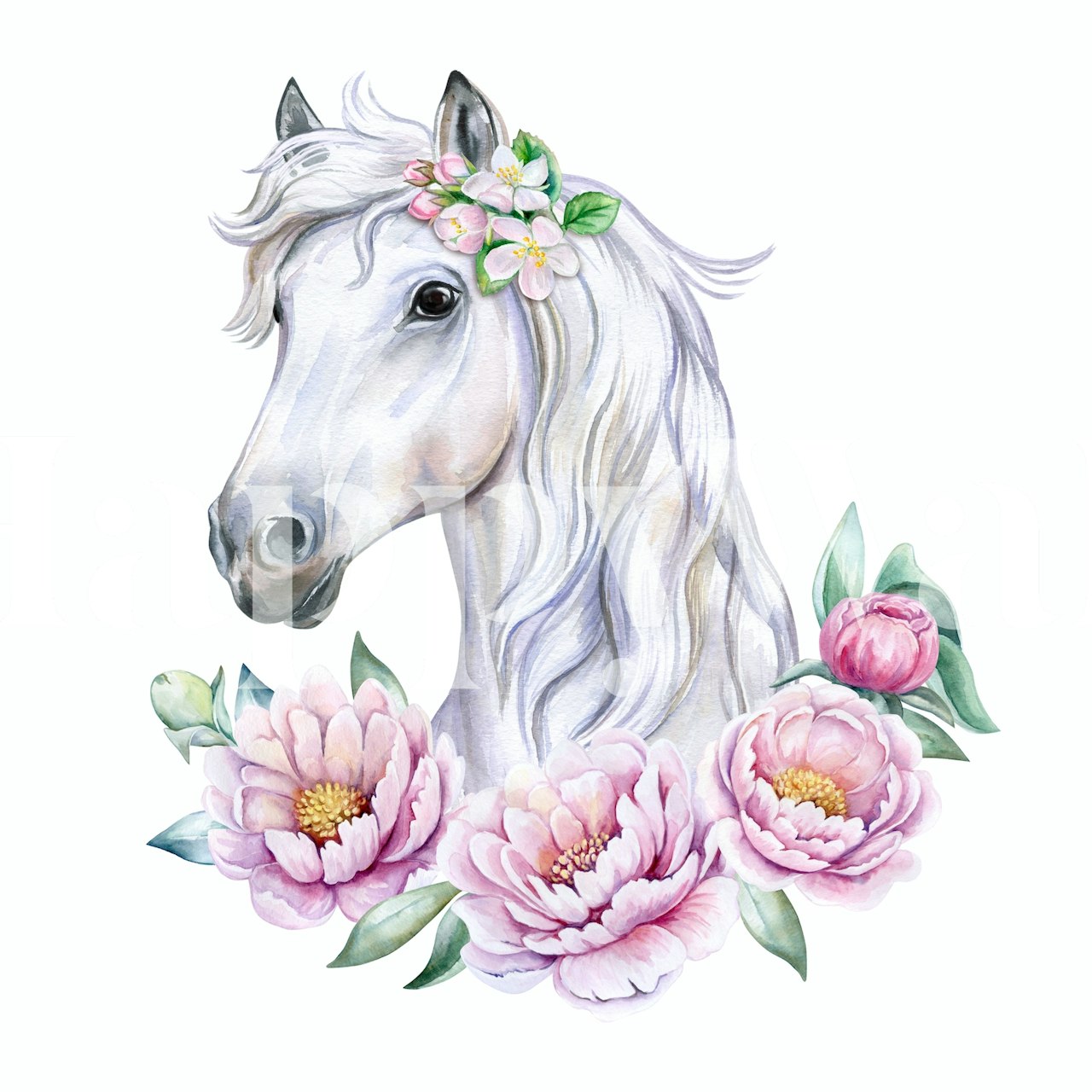 White horse with flowers tapetdesign