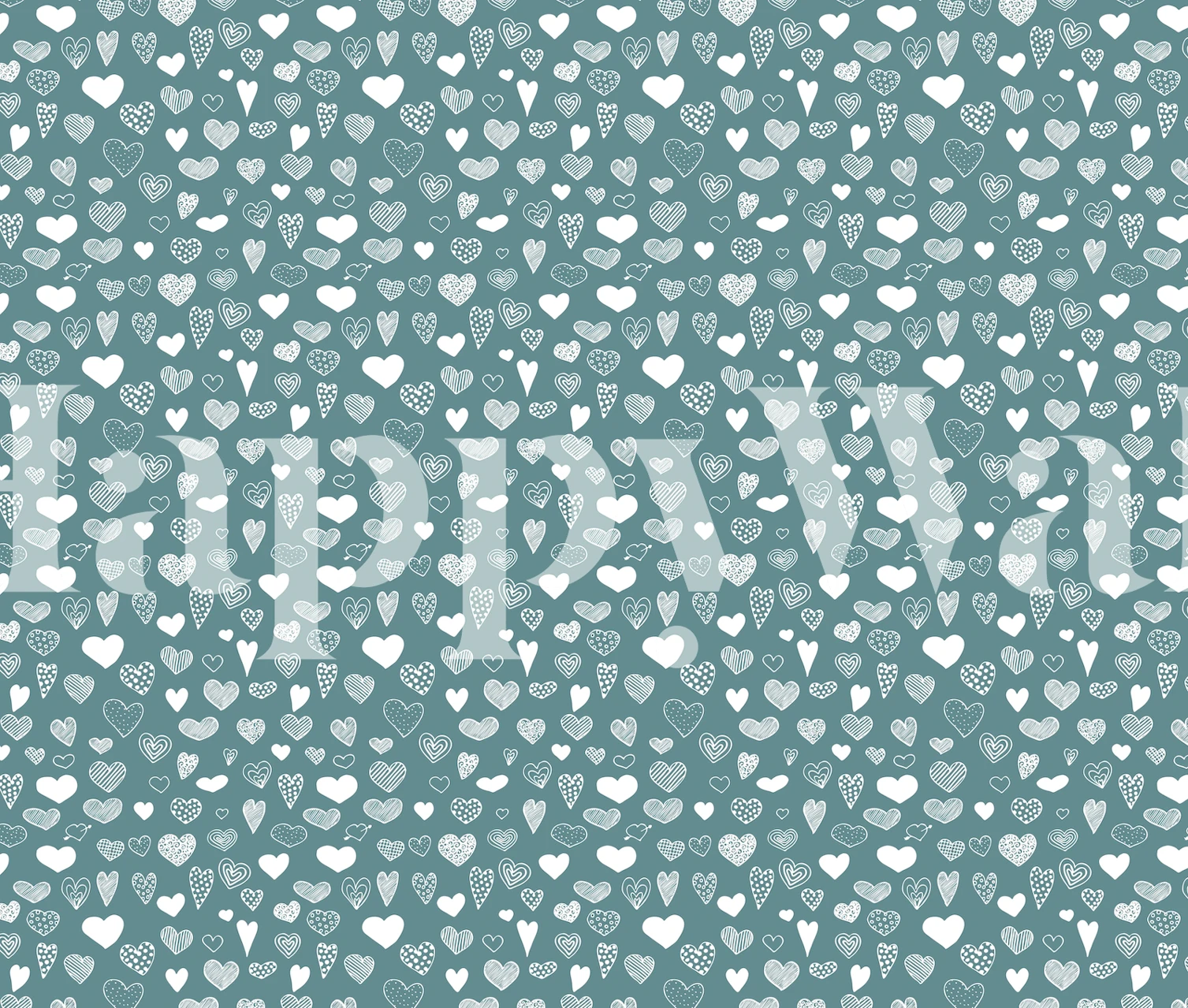 A pattern of hand-drawn hearts spread across a teal blue background for wall mural.