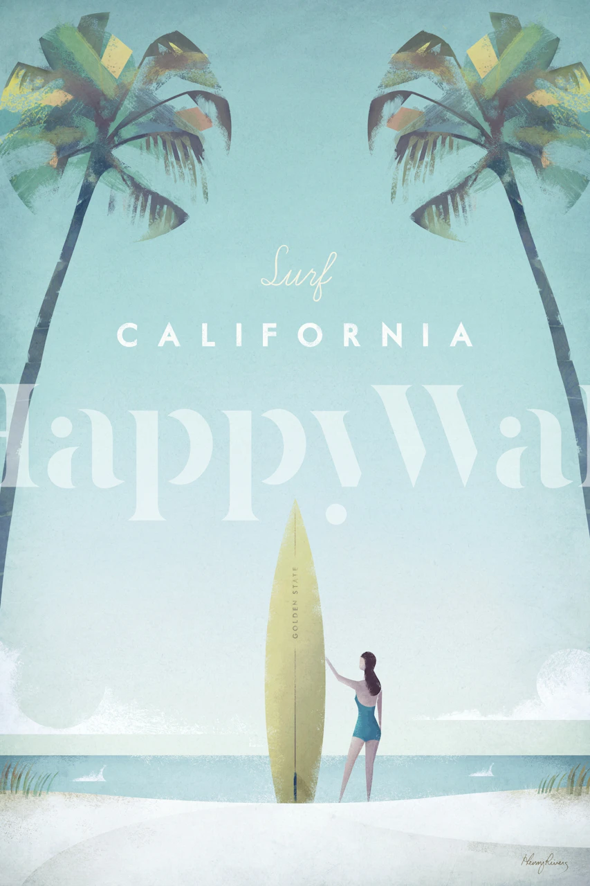 California surf scene with palms, beach, blue tones wallpaper