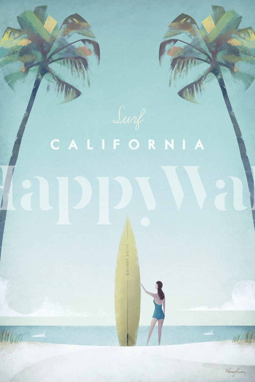 California surf scene with palms, beach, blue tones wallpaper
