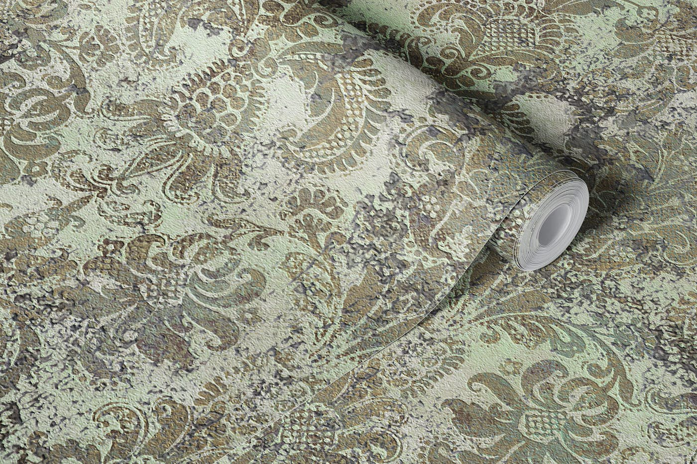 Grunge Damask Wall Sage Olive wallpaper roll