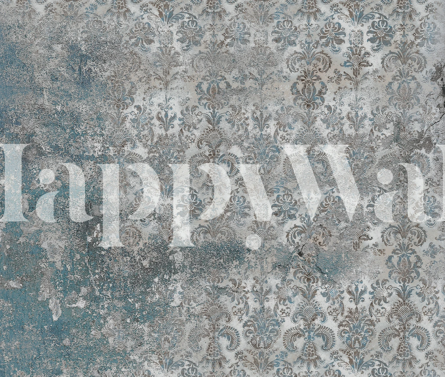 Grunge Damask Wall Taupe Blue wallpaper in a room