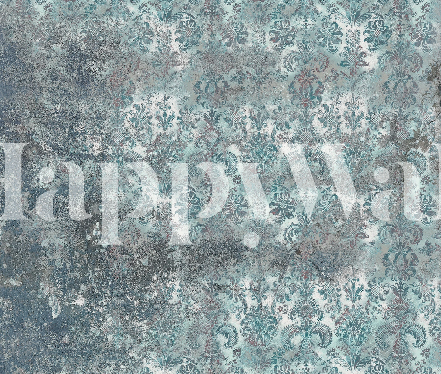 Aqua grey damask pattern with distressed texture wallpaper