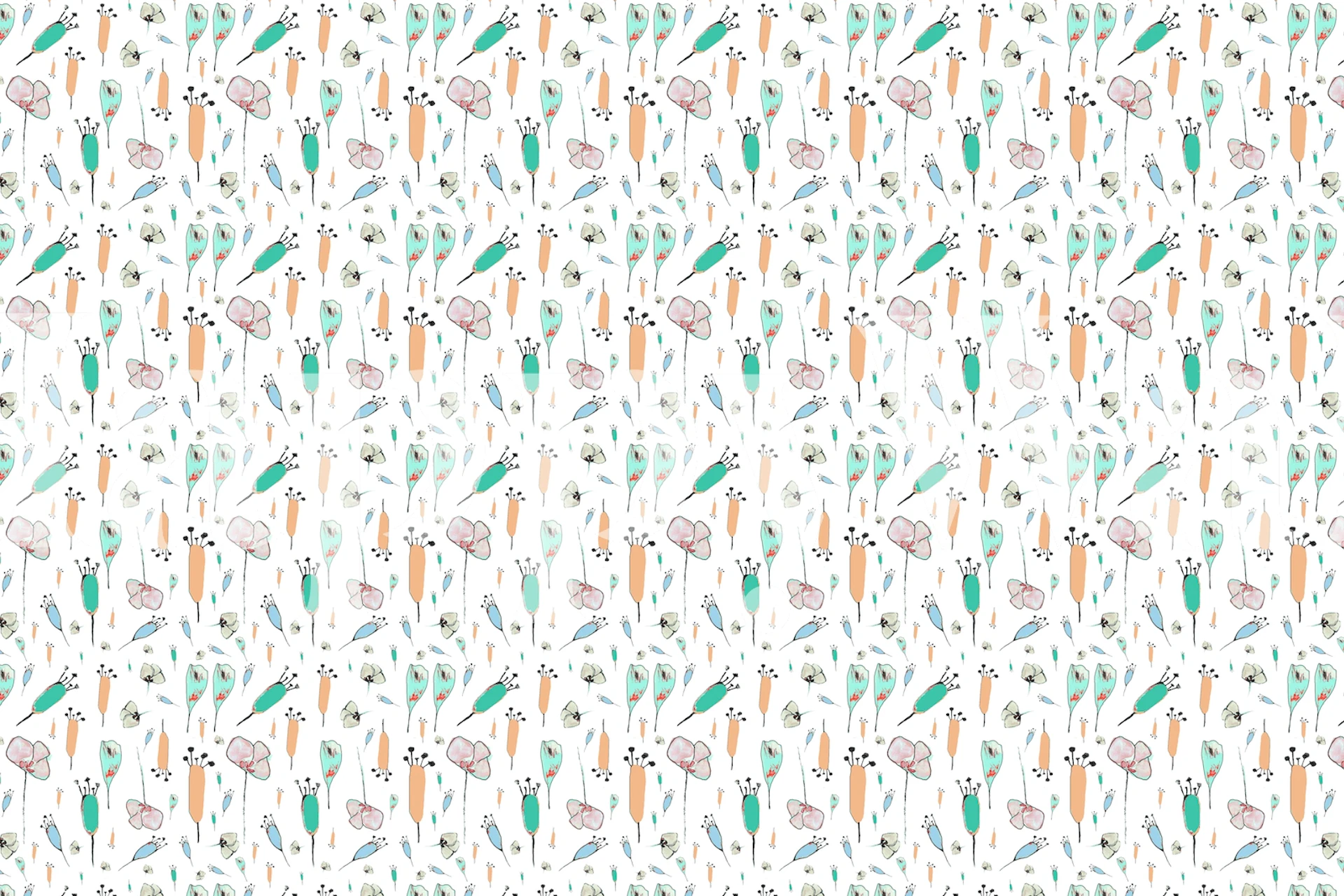 Colorful flower pattern with blossoms and leaves on white wallpaper