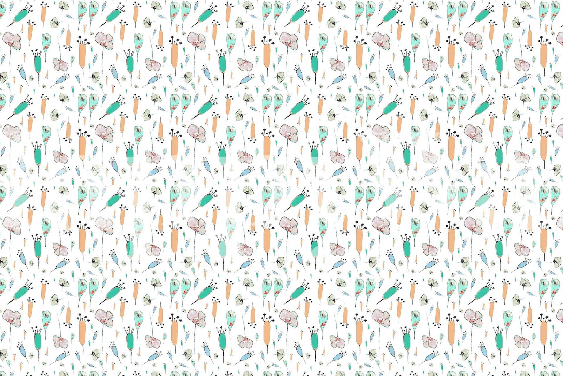 Colorful flower pattern with blossoms and leaves on white wallpaper