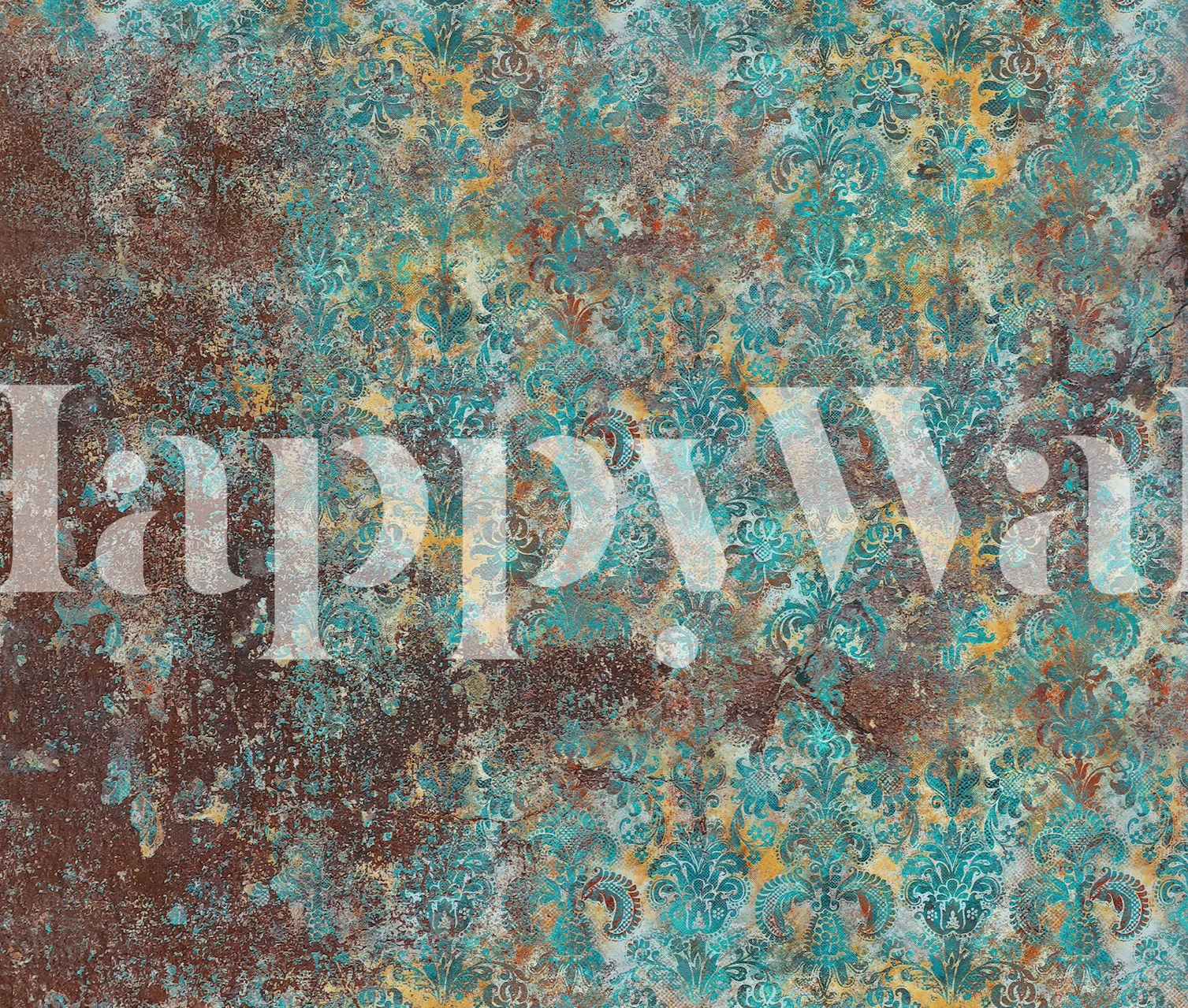 Grunge Damask Wall Aqua Rust wallpaper in a room