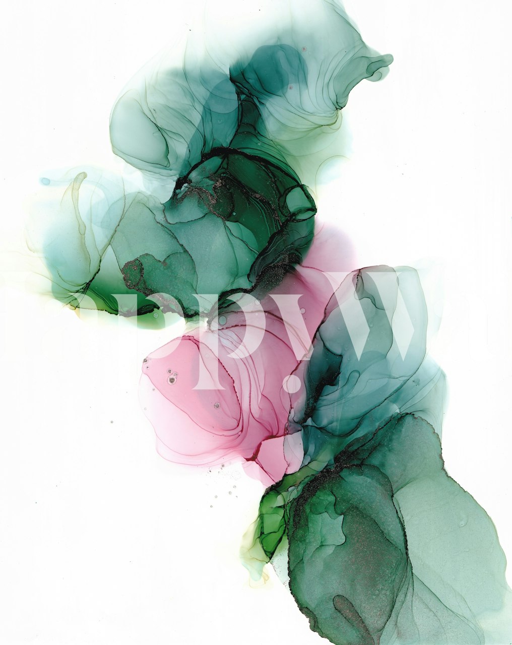 Fotomural vinílico abstrato da parede do lago com nenúfares em tons suaves de rosa, verde e azul.