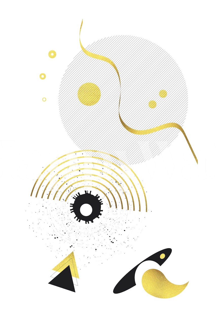 Abstraktes grafisches Wandgemälde mit geometrischen Formen in Gold, Gelb und Schwarz