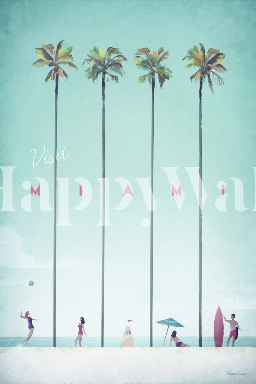 Miami beach scene with palm trees and people playing, pastel colors, retro illustration wallpaper