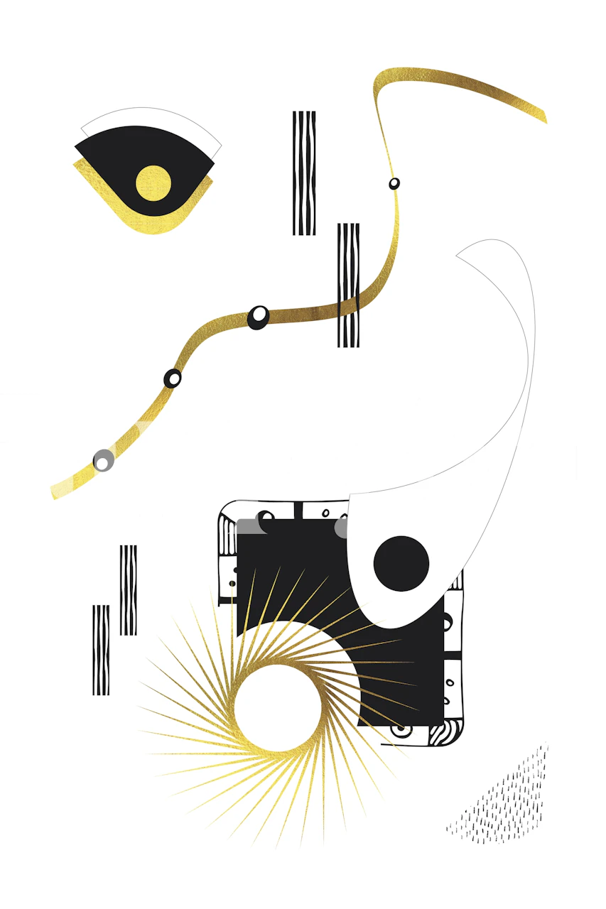 Mural de parede abstrato com motivos de olhos, formas geométricas e elementos celestes em preto e dourado