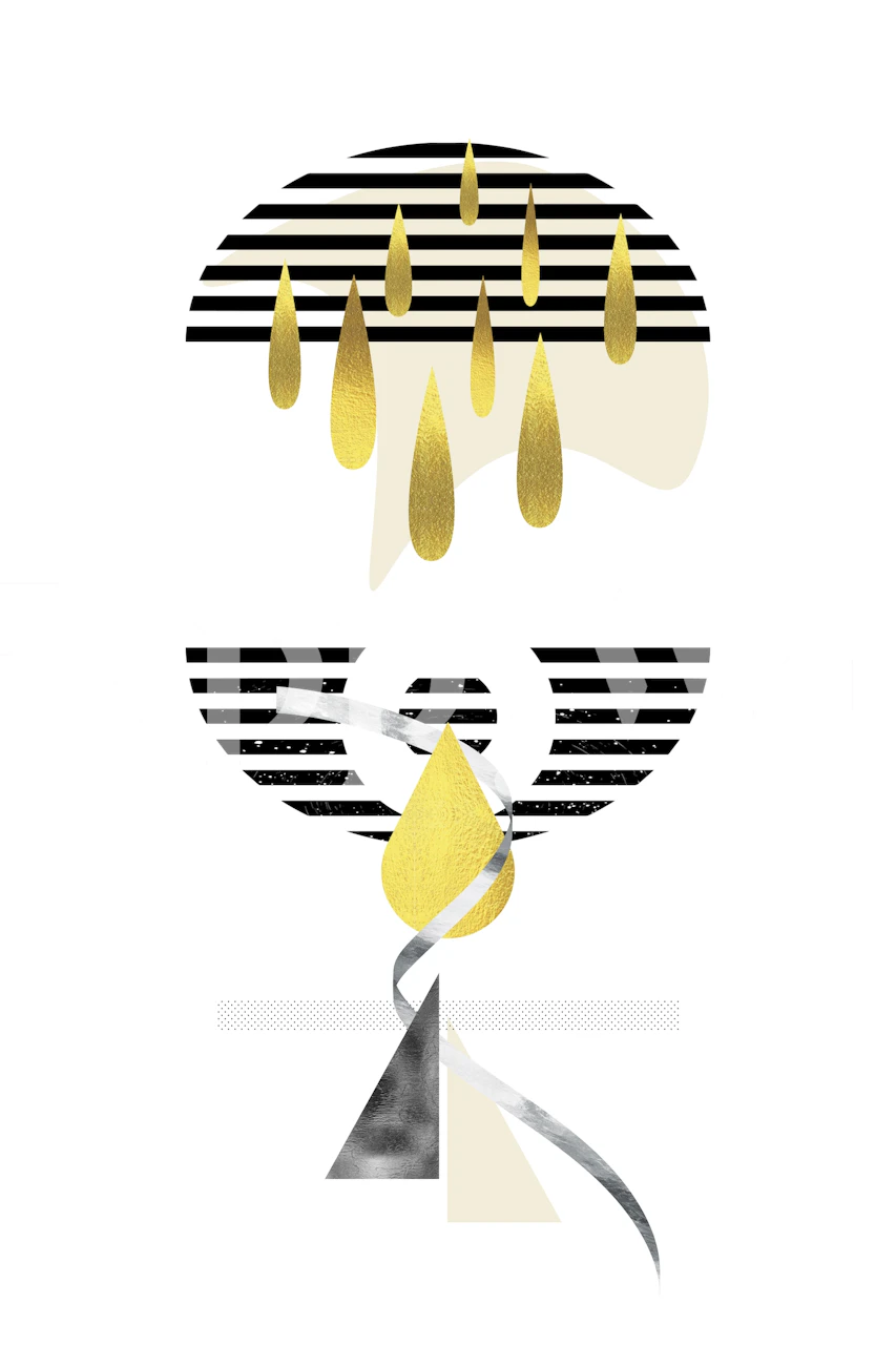 Abstract graphic art wall mural featuring striped patterns with gold raindrops