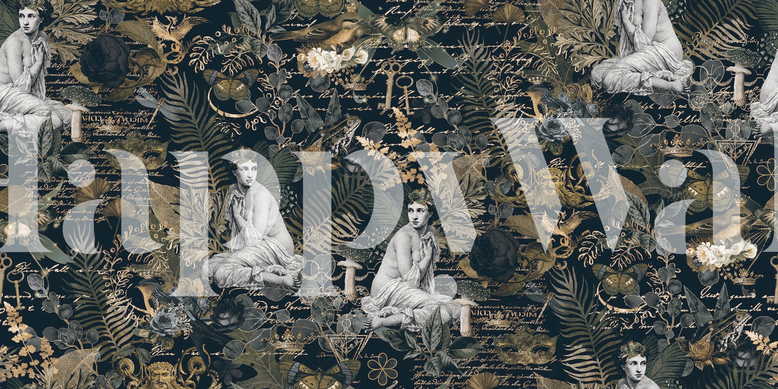 Vintage floral dark wallpaper with mythological figures and nature