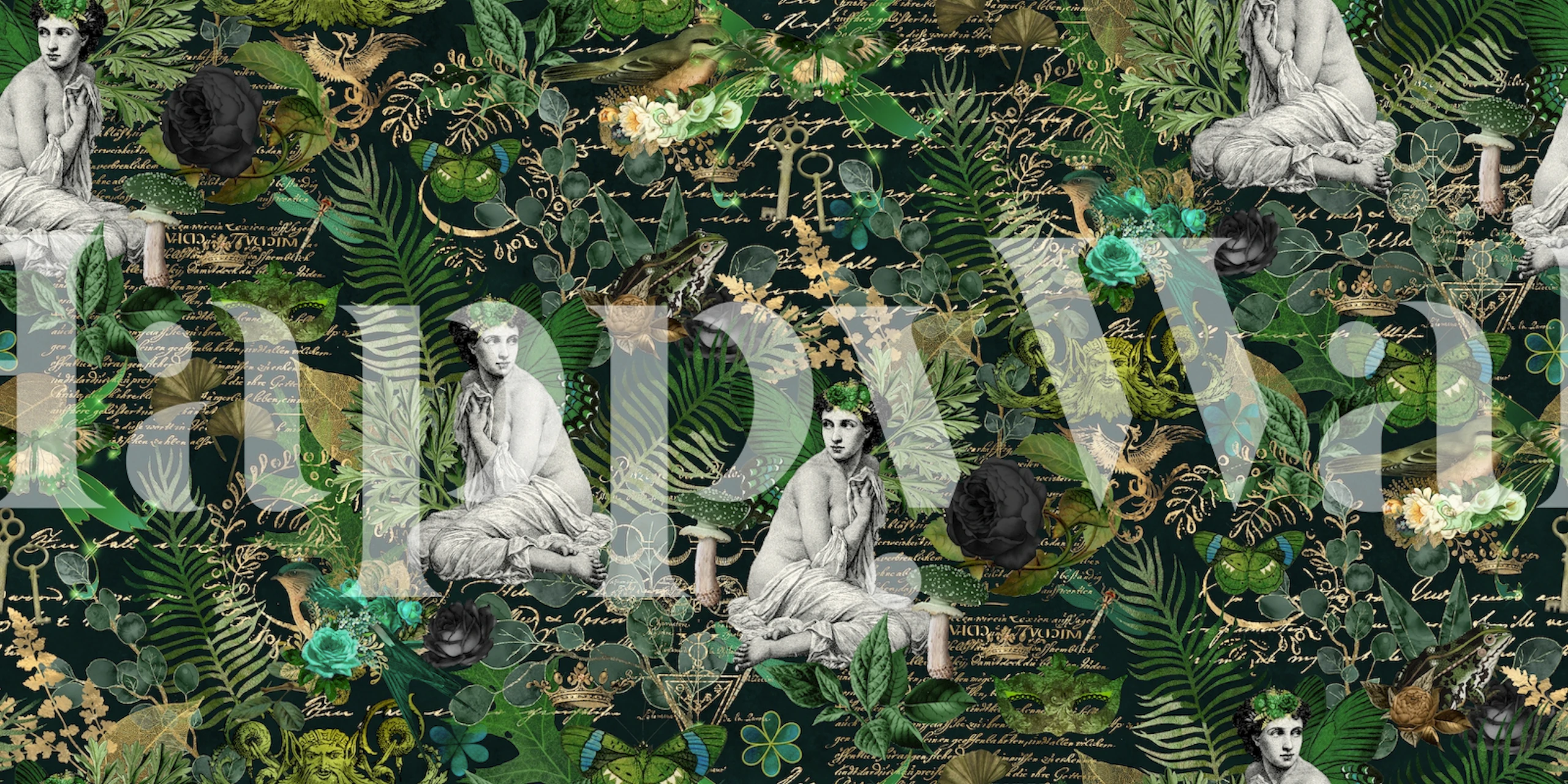 Vintage floral design with green, black, and golden hues wallpaper