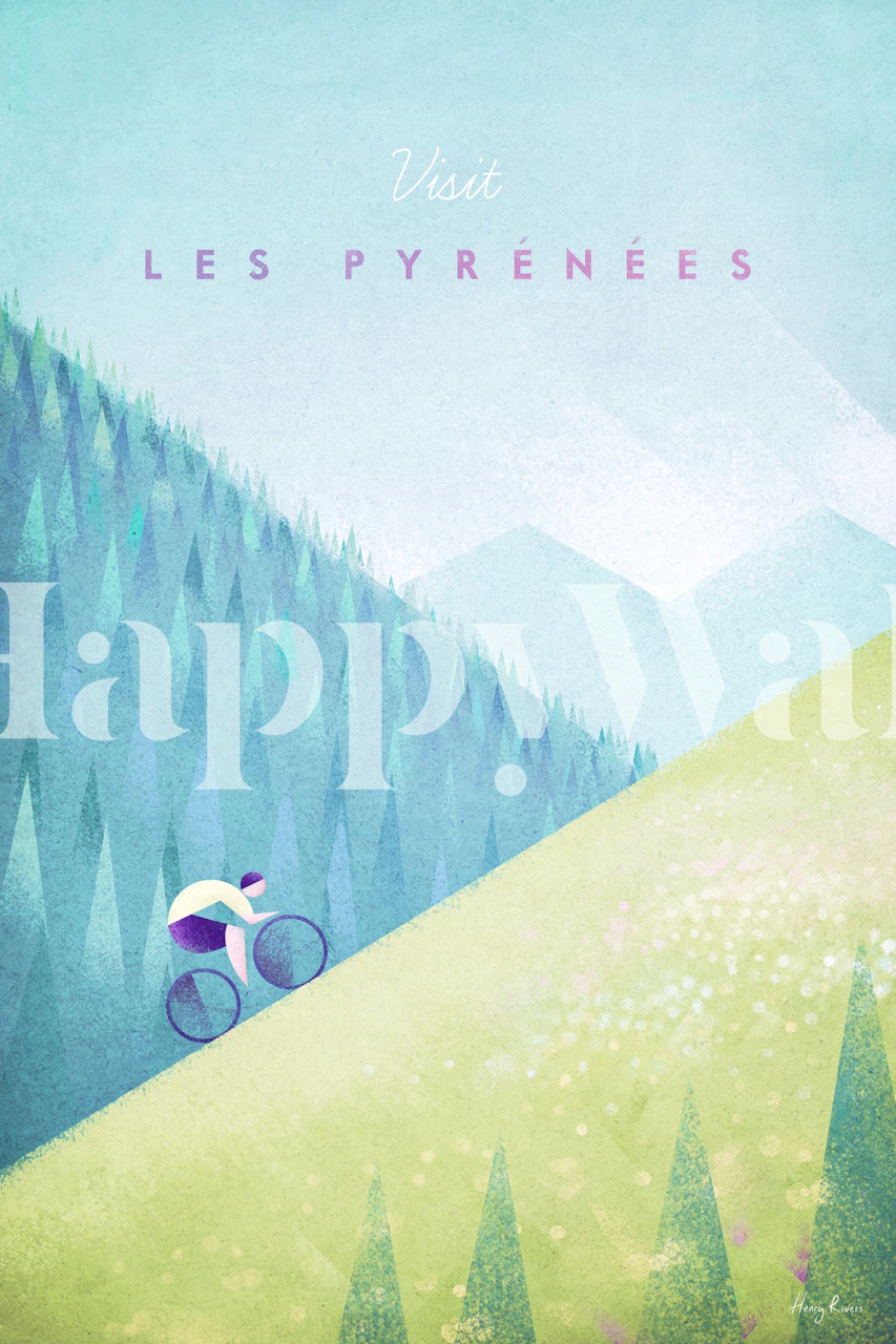 Cyclist on a hillside with mountains in the background, pastel colors, modern design wallpaper