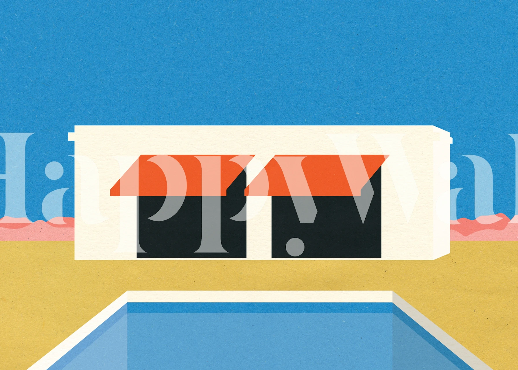 Modern geometric wallpaper showcasing a pool house with orange awnings against a blue background.