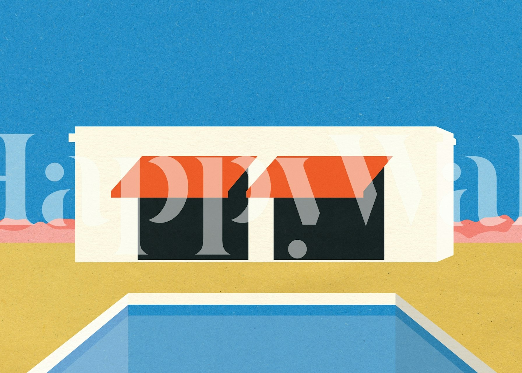 Modern geometric wallpaper showcasing a pool house with orange awnings against a blue background.