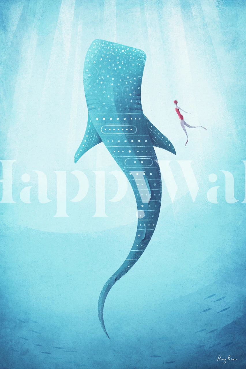 Whale shark silhouette in aqua blue tones, artistic illustration wallpaper