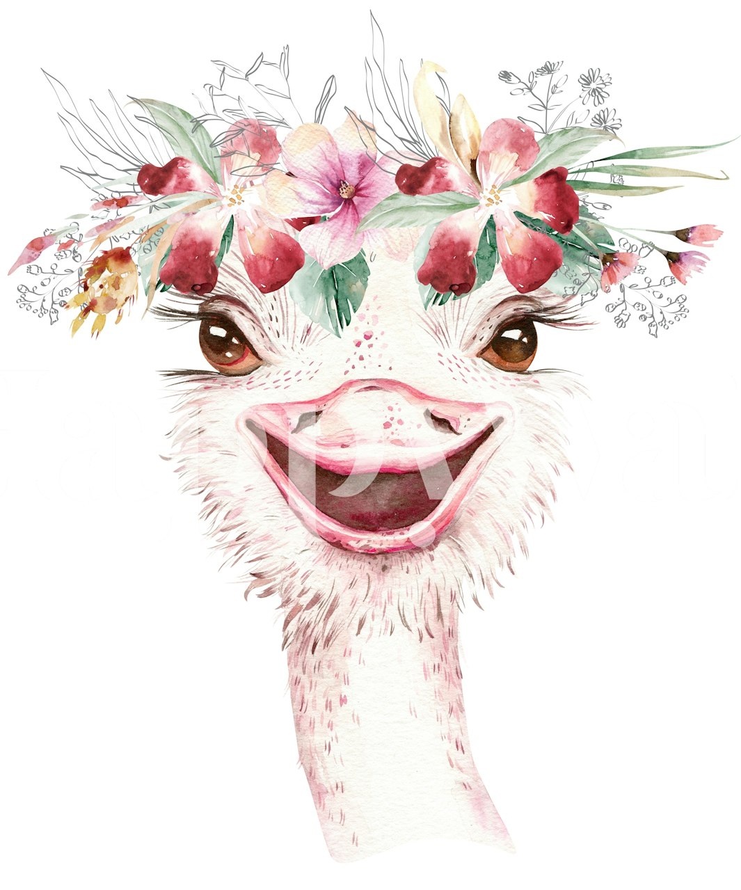 Happy ostrich with floral crown in pink and green colors wallpaper