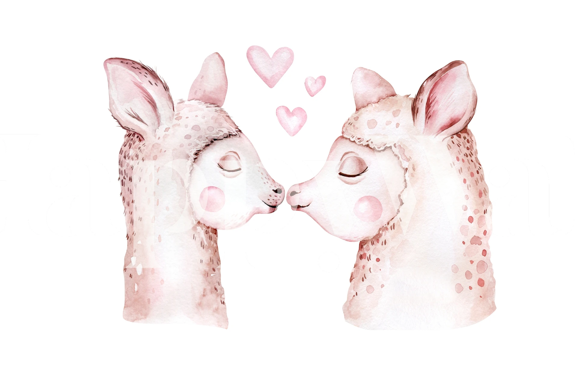 Two adorable llamas kissing with pink hearts, watercolor style wallpaper