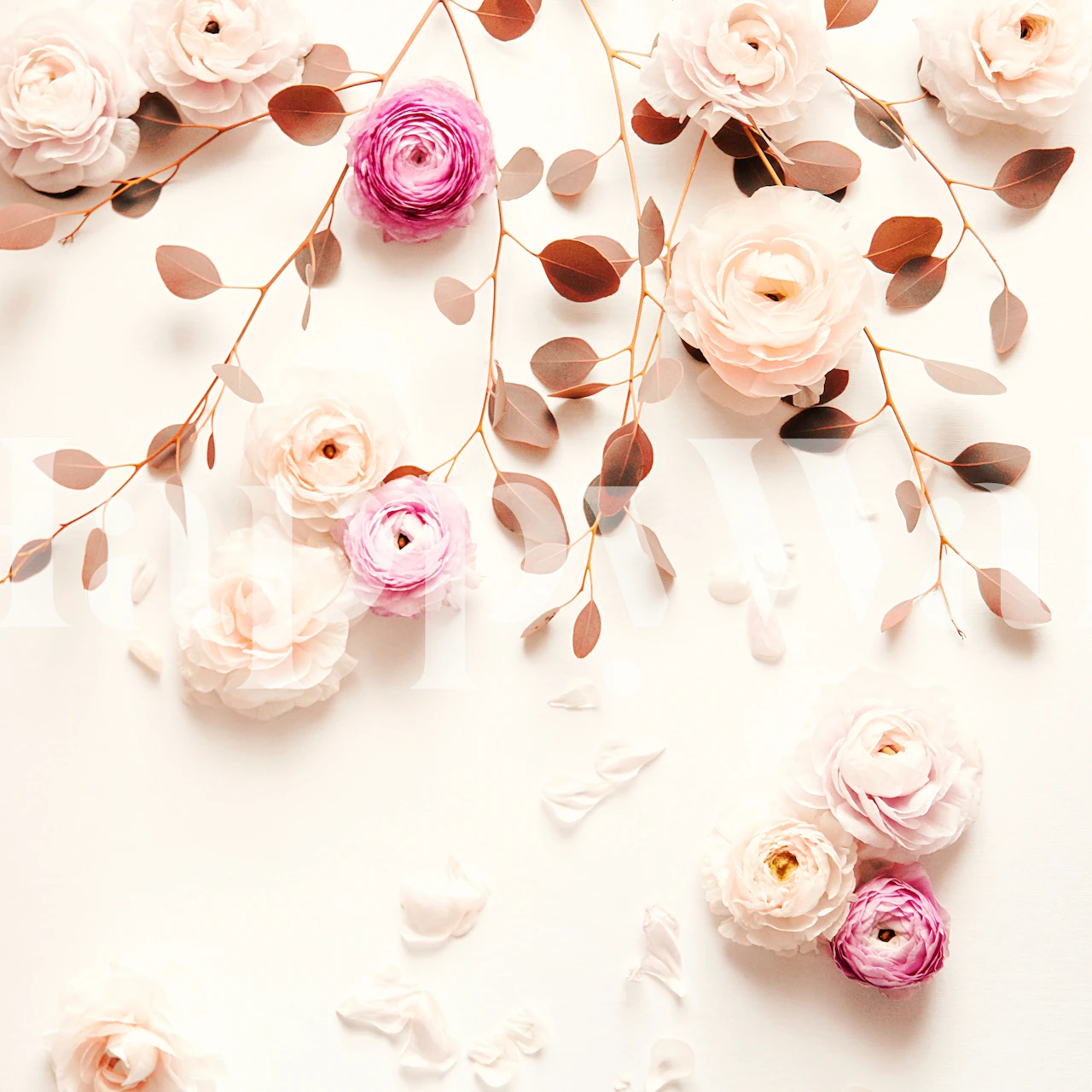 Pink and cream floral wallpaper with soft flowers and leaves