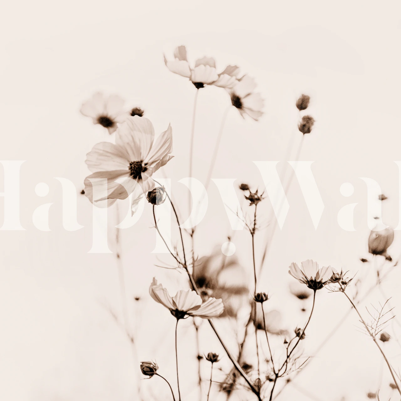 Beige floral wallpaper with delicate blooms and stems in soft tones