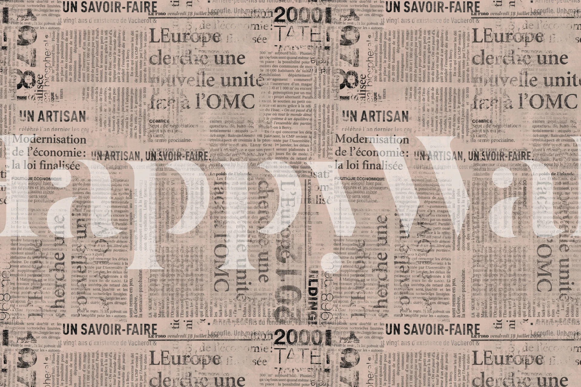 Vintage newspaper print wallpaper featuring faded text patterns in neutral colors