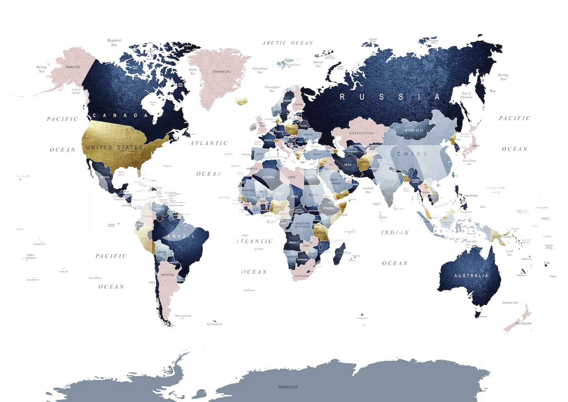 World map in navy and blush colors, artistic style wallpaper