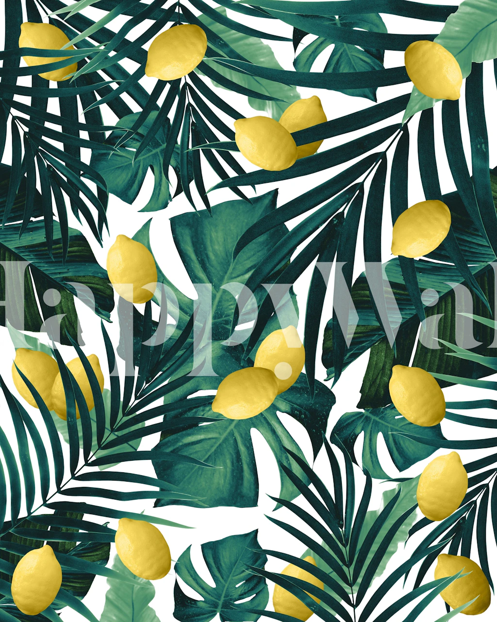 Tropical leaves and lemons in vibrant green and yellow wallpaper