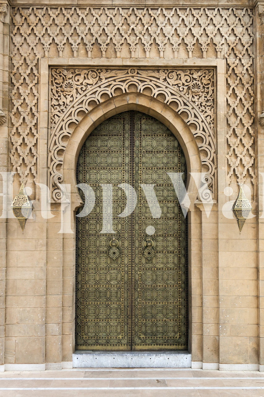 Intricate Moroccan door design with ornate patterns and golden hues wallpaper