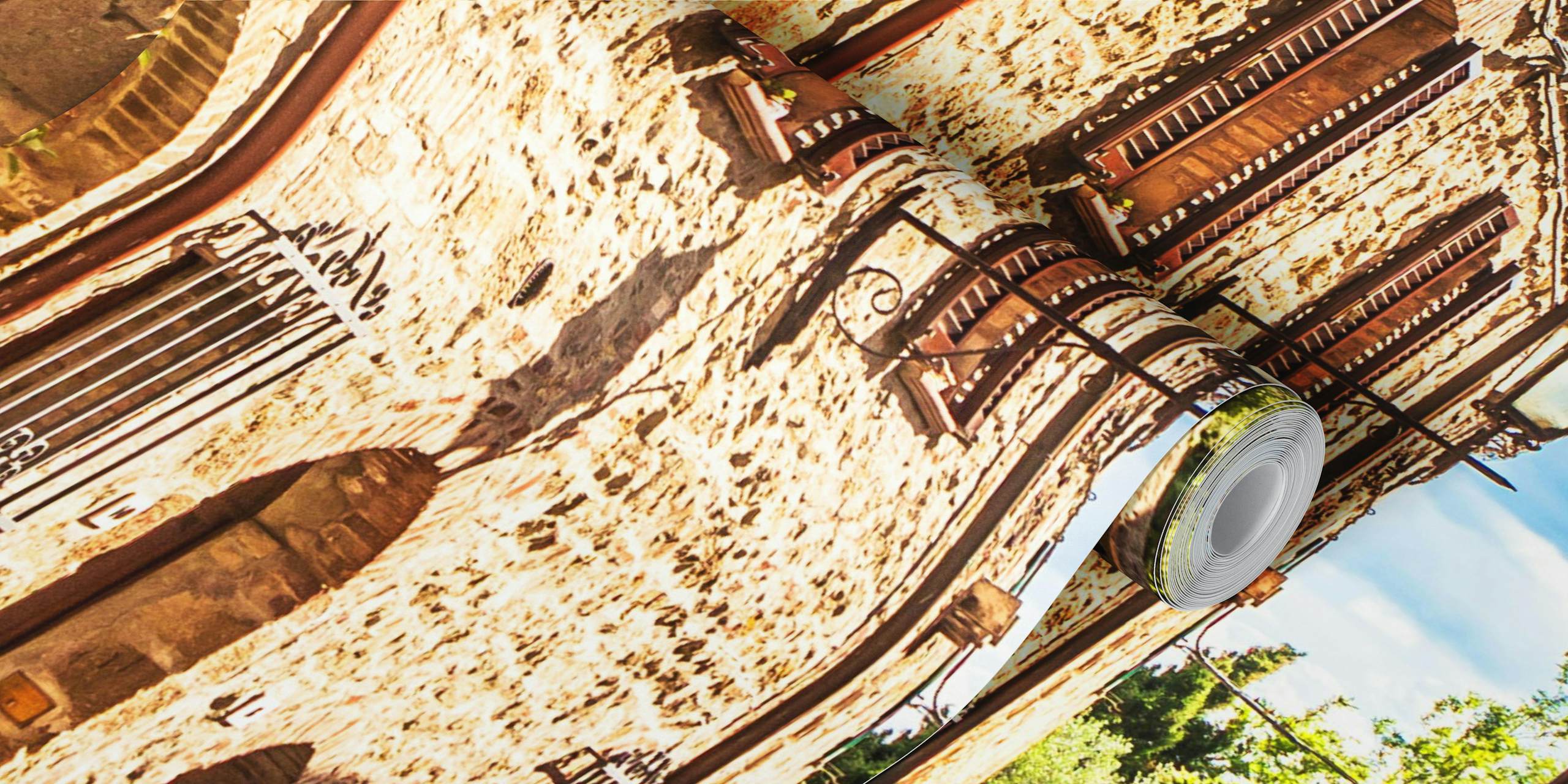 Rustic stone alley with colorful flowers and blue sky wallpaper