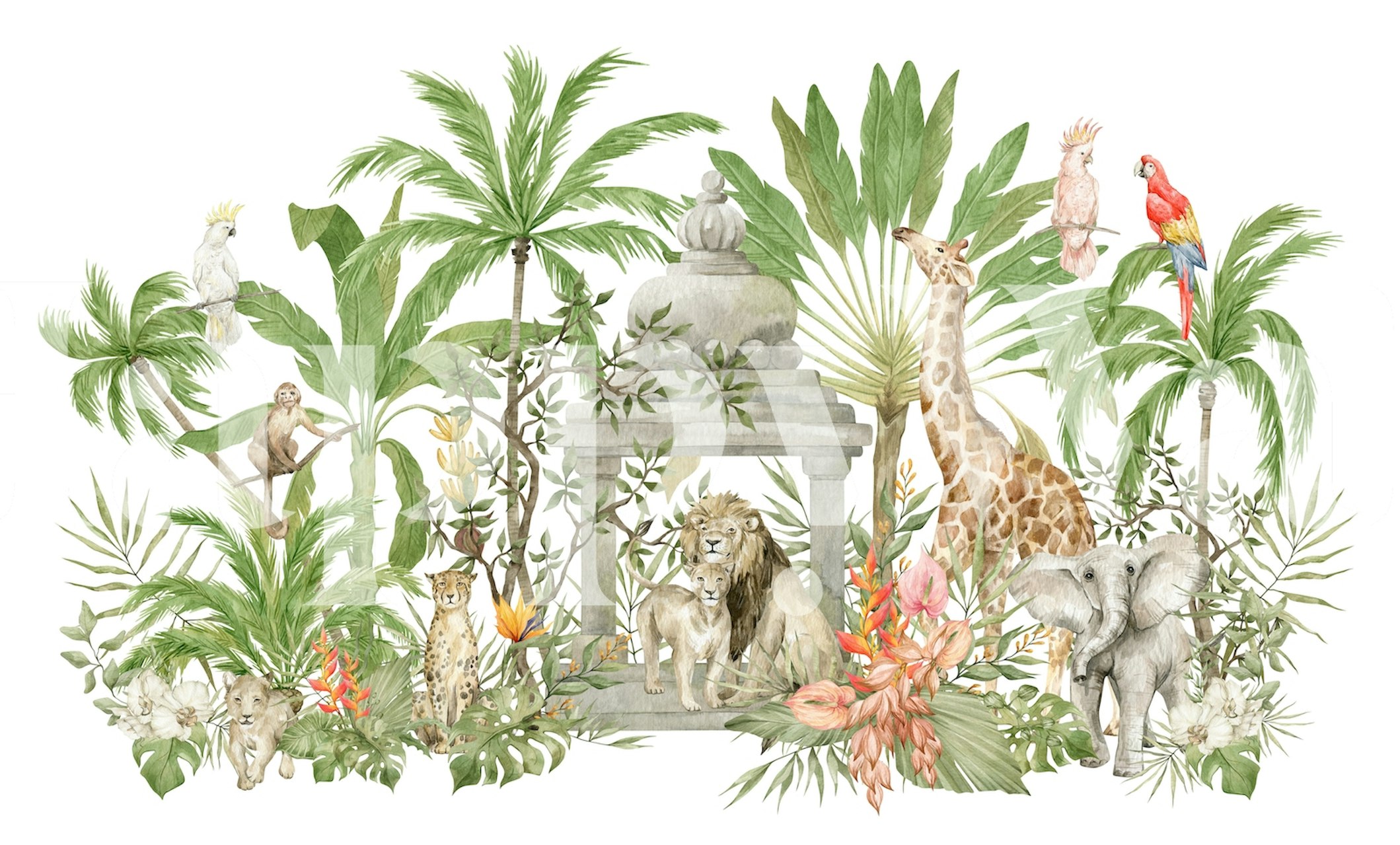 Fotomural de animales africanos con leones, jirafas y elefantes entre palmeras