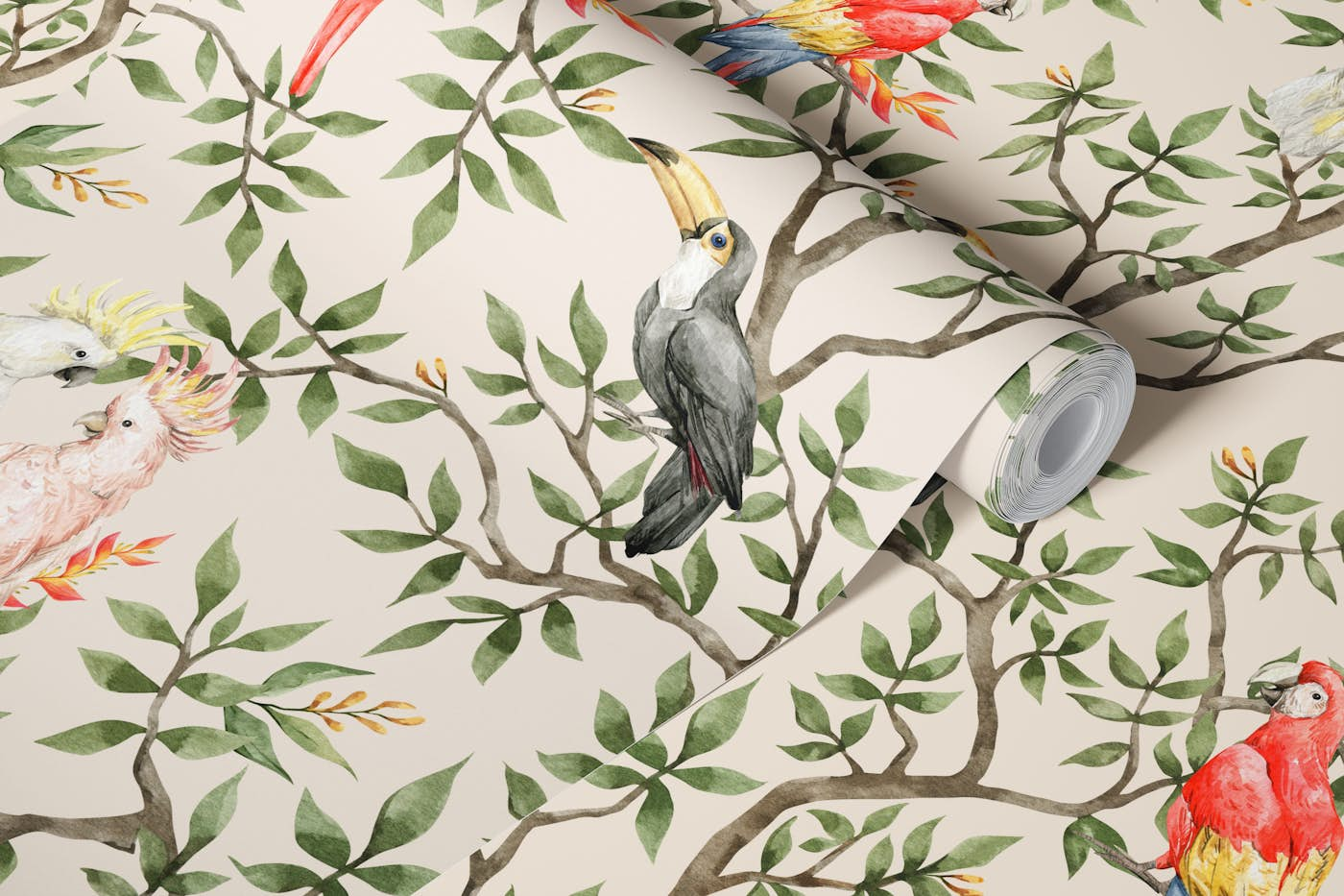 Chinoiserie parrots wallpaper roll