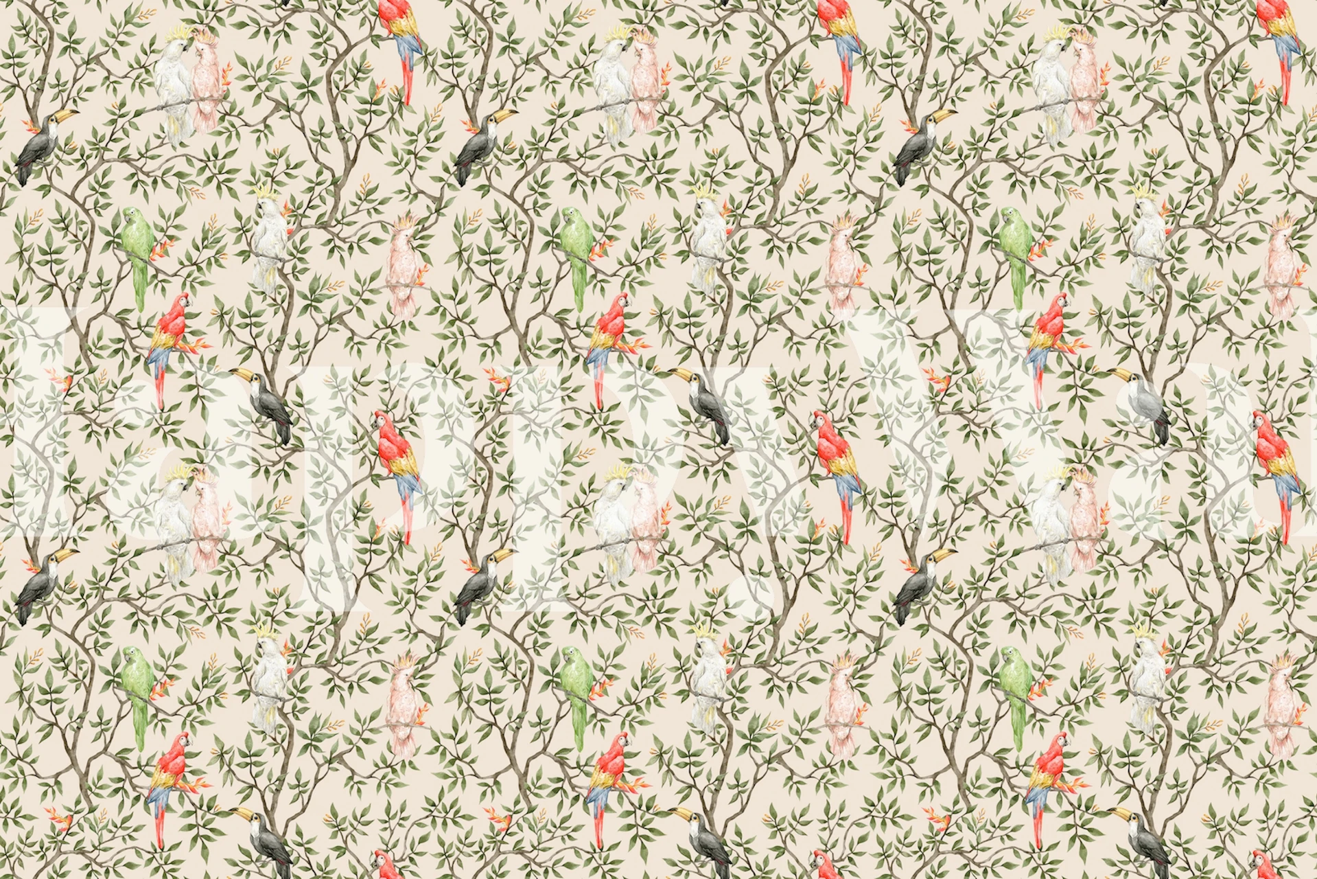 Tropical parrot and floral pattern in pastel colors wallpaper