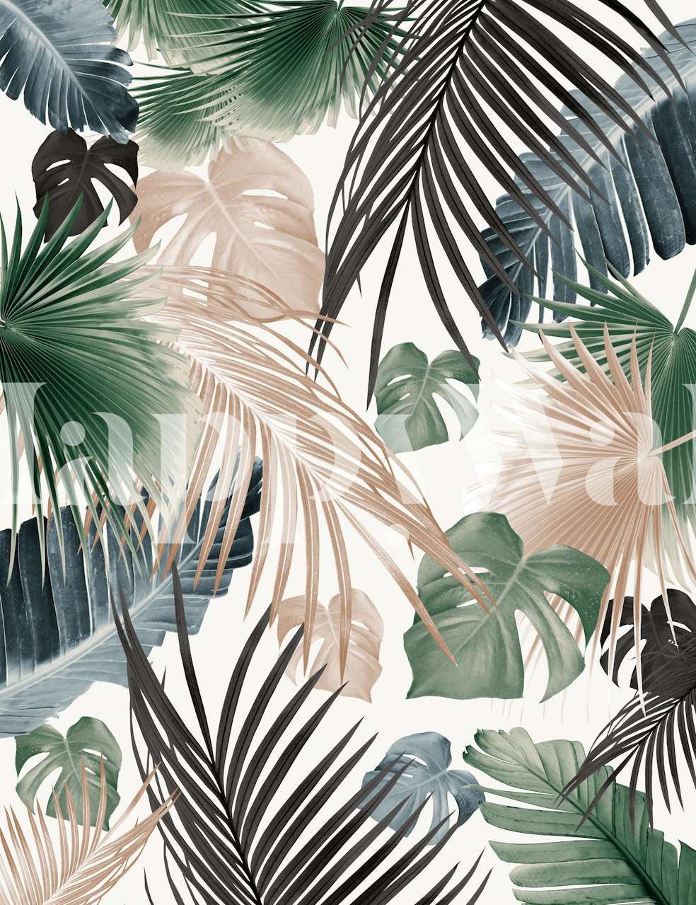 Tropical jungle leaves in green and beige tones wallpaper