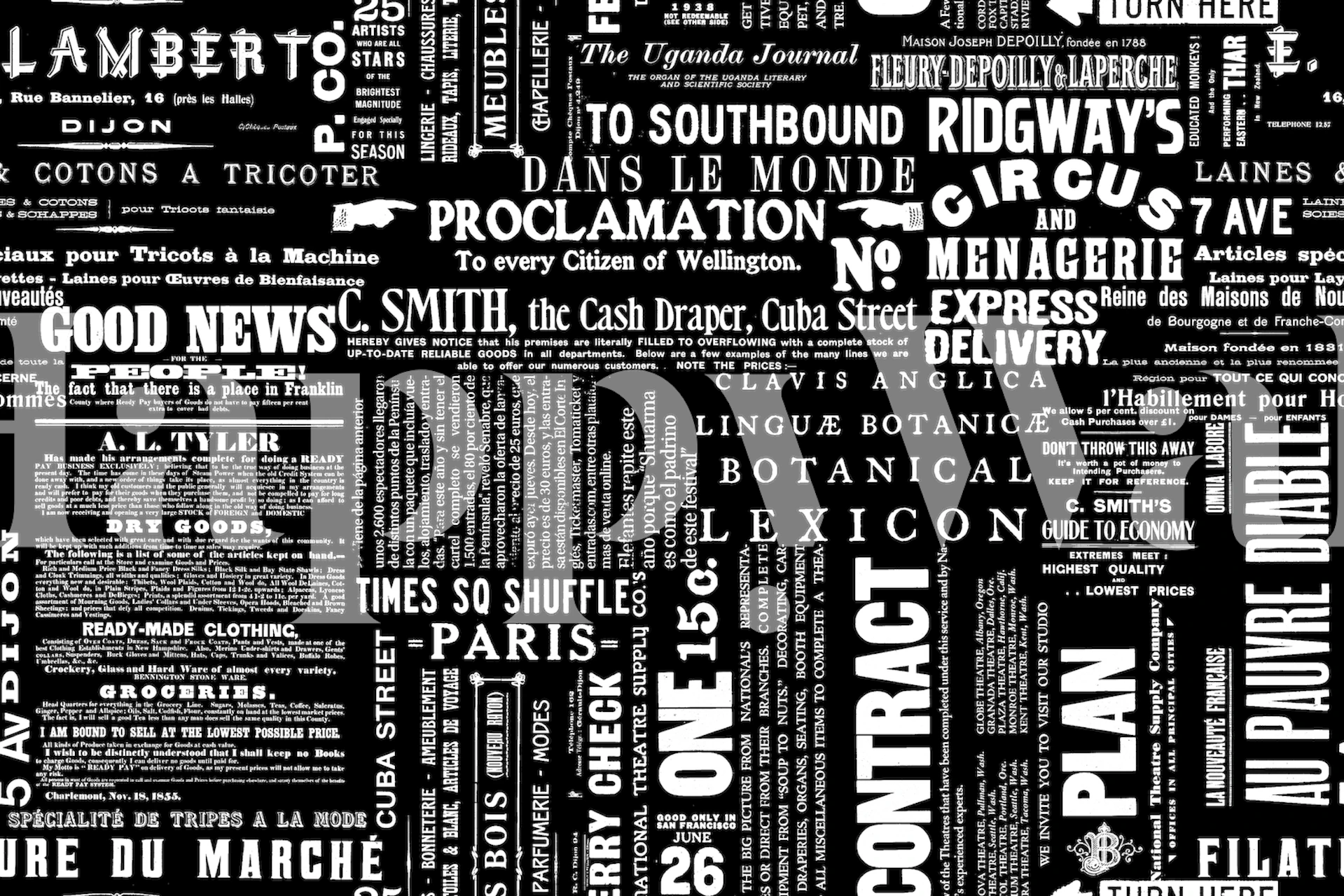 Black and white vintage typography wallpaper with various text patterns and styles