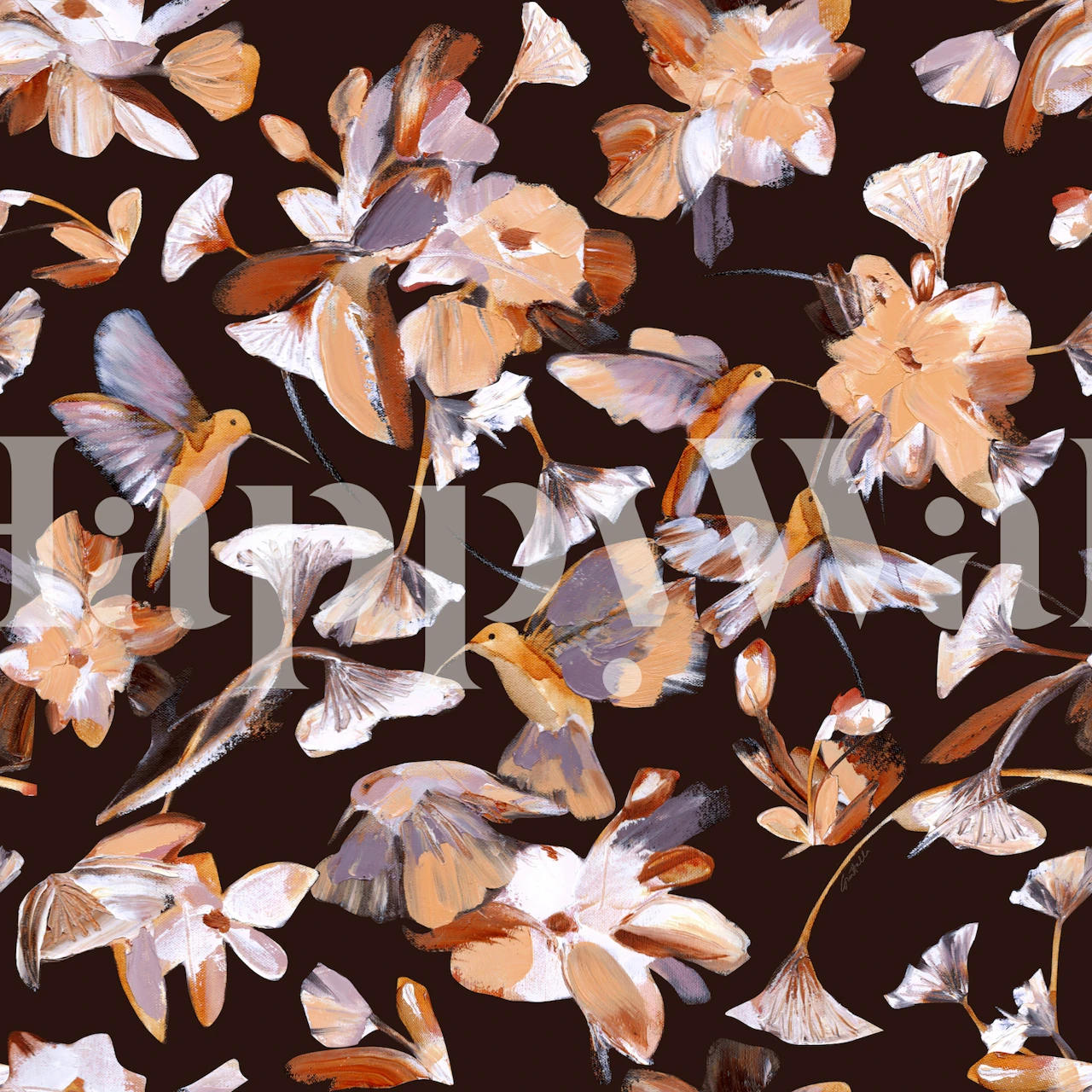 Colorful floral and bird pattern on dark background wallpaper
